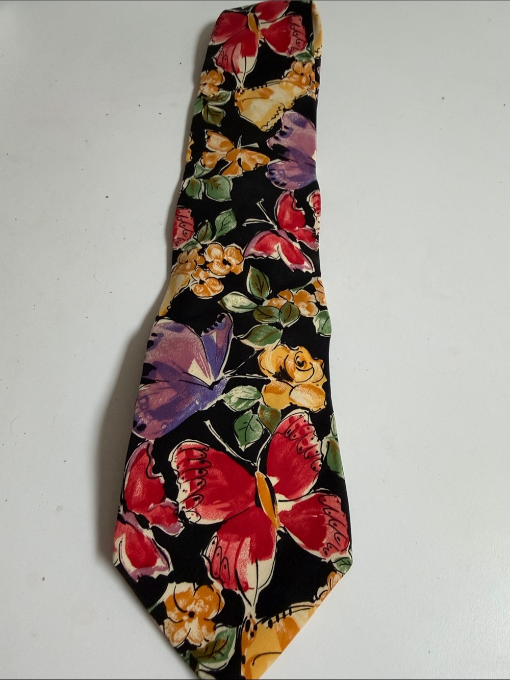 Givenchy Black Silk Tie with Red, Purple & Yellow Floral Butterfly Print